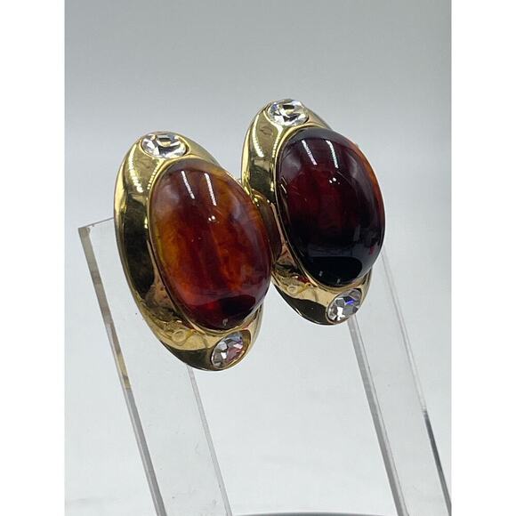 Kenneth Jay Lane Oval Brown Glass Cabochon Vintage Rhinestone Clip Earring‎ - Picture 5 of 16
